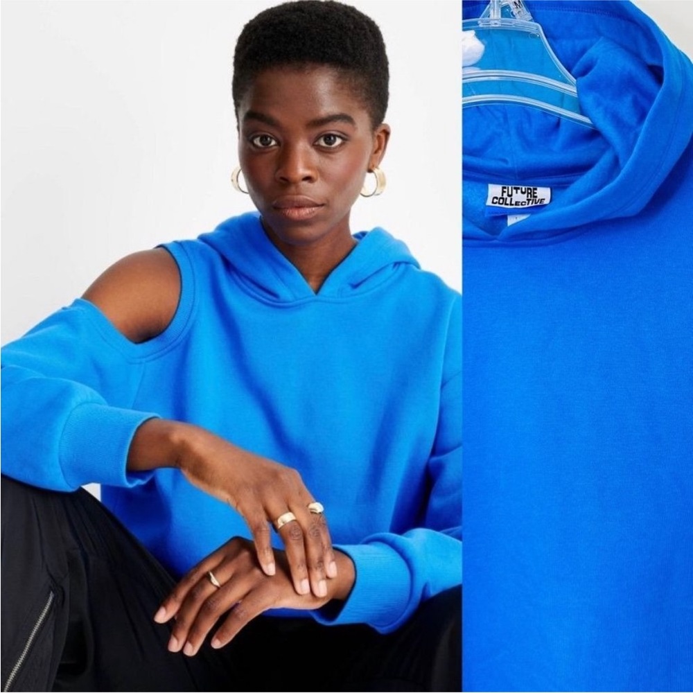 Future Collective Women Sweater Hoodie Cut Out Shoulder Blue Hood -New with tags